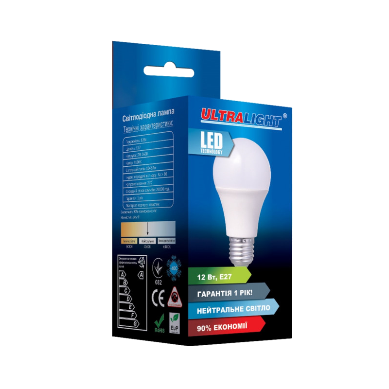 Лампа світлодіодна Ultralight A60, 12Вт, E27, 4100К (UL-49709)